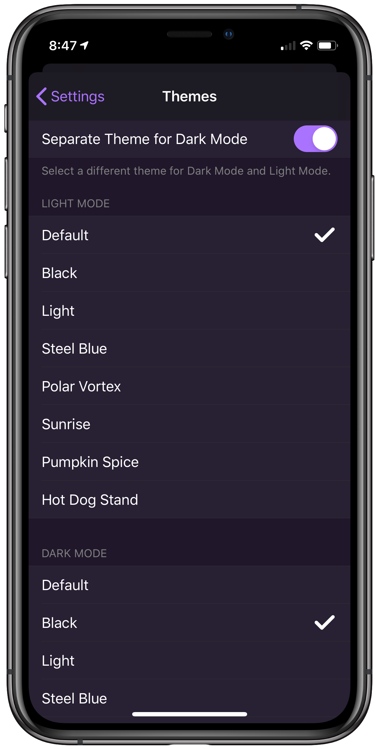 Dark Mode Theme Settings